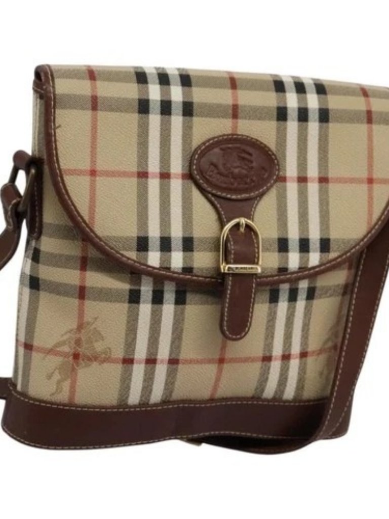 Burberrys Nova Check Shoulder Bag Pvc Leather Beige Brown Gold Auth Bd093